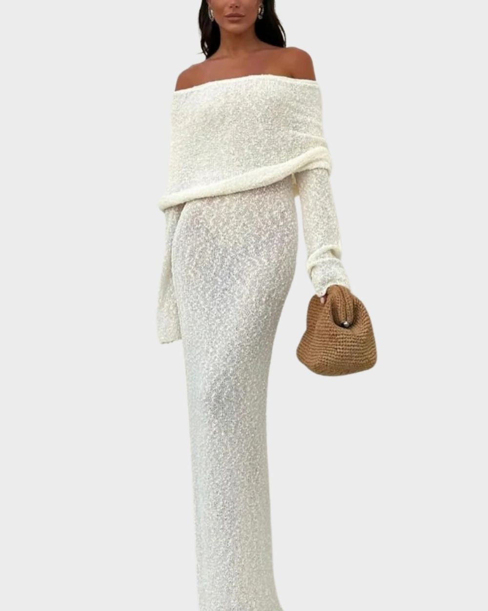 Gran Paradiso Off Shoulder Open Knit Maxi Dress