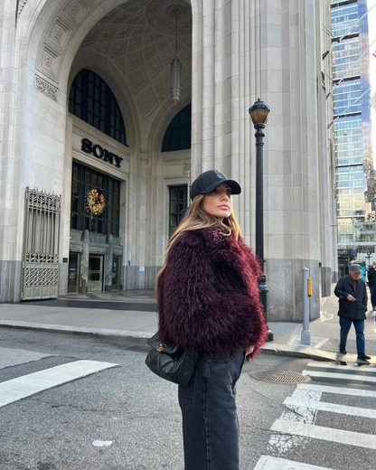 BURGUNDY FAUX FUR COAT